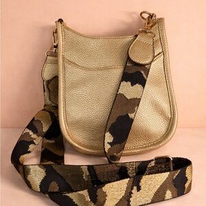Gold Leather Crossbody Bag with Camouflage Strap